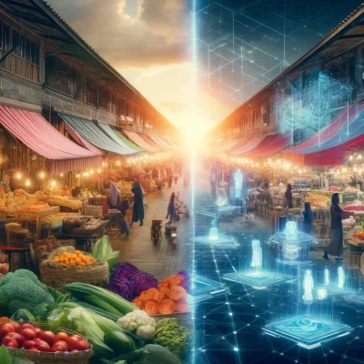 DALL·E 2024-04-21 21.59.15 - A digital collage combining a classic marketplace and a futuristic digital marketplace. The image should show a traditional market scene on one side,